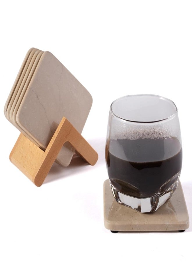 Koville Set of 6 Natural Marble Coasters for Coffee Table, Beige Yellow Marble Coaster Square 3.9" inches for Table Décor Home Décor, Handmade Luxury Aesthetic Drink Coasters for Dining, Bar or Office - Image 1